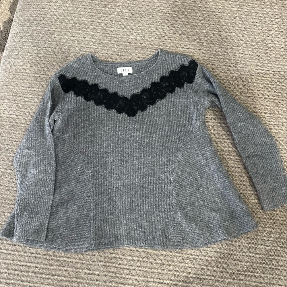 ELLE Women’s Gray Swing Sweater with Black Lace